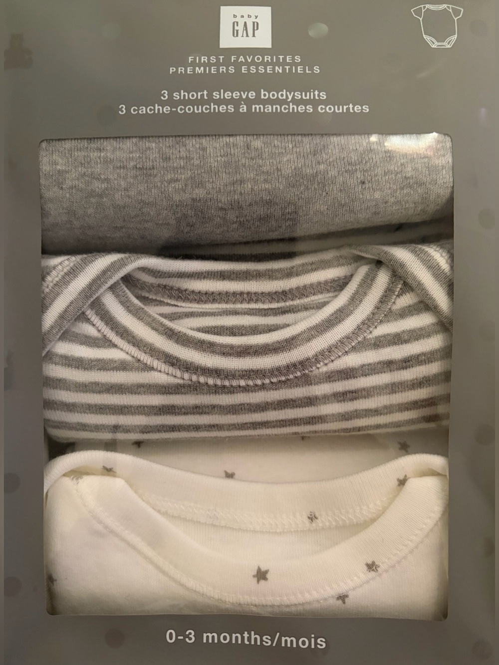 GAP-Baby First Favourite 3pk 100% cotton Short-Sleeve Bodysuits-size 0-3mth/grey